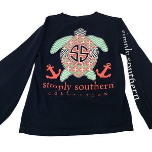 Simply Southern Womens SZ Small Shirt Blue w/Turtle Long Sleeve Preppy Tshirt